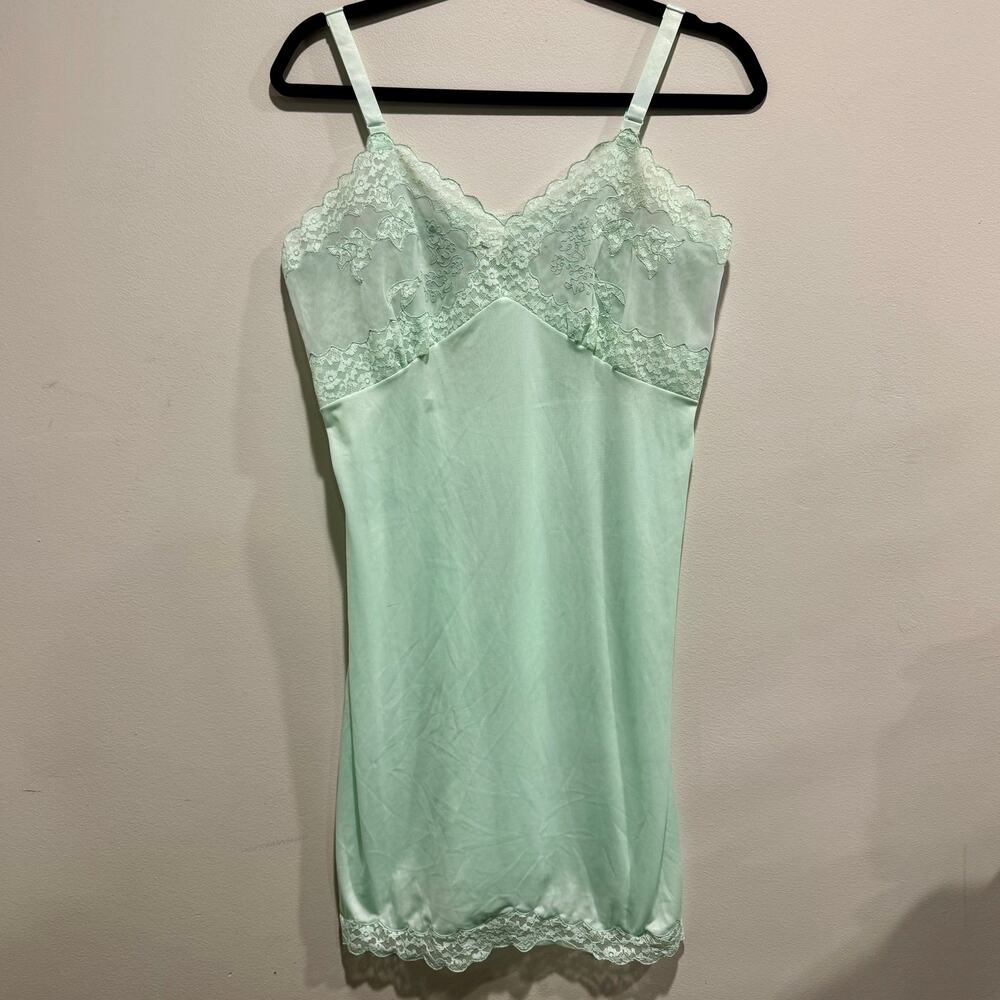 Vintage Movie Star Mint Green Nylon Satin Lace Slip Chemise Size 36
